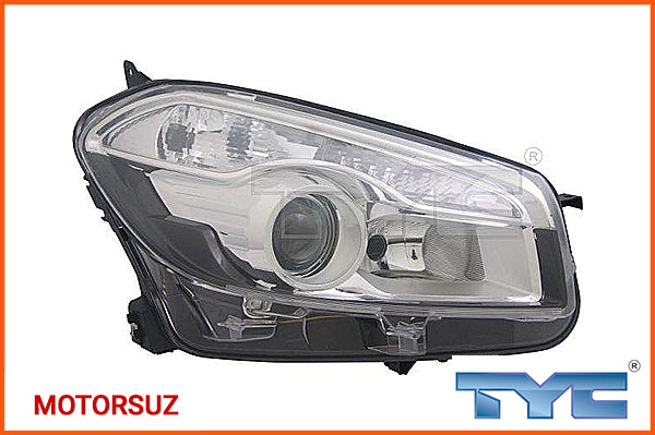 MOTORSUZ yazılı TYC ön far, siyah gövdeli şeffaf camlı yuvarlak far gözlü