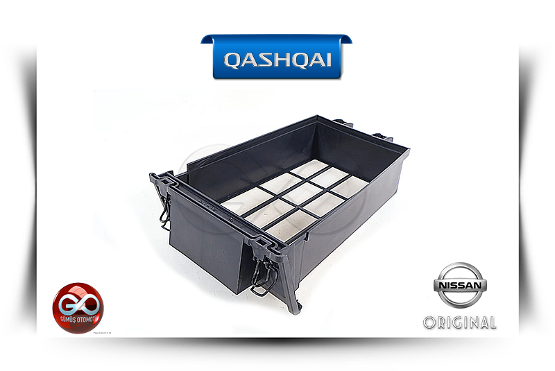 Siyah plastik Qashqai hava filtresi kutusu; ızgaralı iç bölme ve bağlantı kulpları
