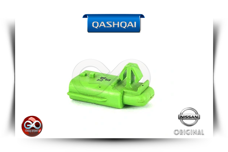 27722-AX600 yedek parça, yeşil plastik klips; QASHQAI yazılı etiketli