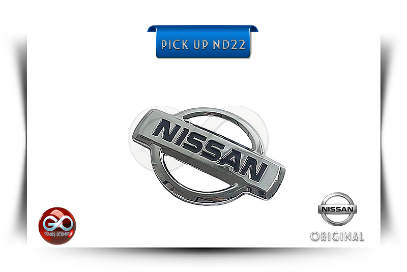 Krom kaplamalı Nissan ön amblem, ortasında “NISSAN” yazısı bulunan parça