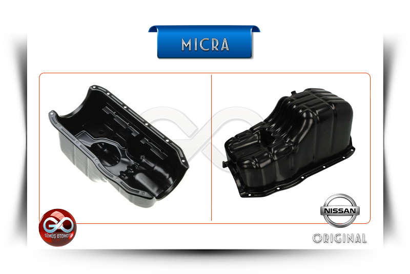 Motor yağ karteri, siyah metal; önden/yandan görünüm, Nissan etiketli