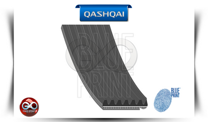 Blue Print etiketli siyah otomobil kayışı, oluklu yüzey