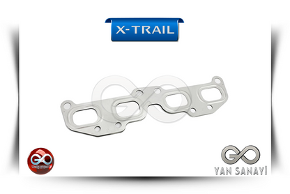 Eksoz manifold contası; kıvrımlı metal conta formu, çoklu yuva ve cıvata delikleri.