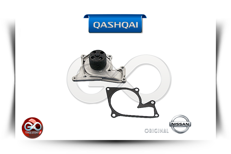 Metal gövdeli su pompası, siyah kapak ve montaj contası; Nissan ORIGINAL işaretli.