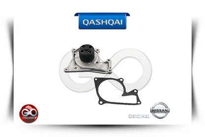 Metal gövdeli su pompası, siyah kapak ve montaj contası; Nissan ORIGINAL işaretli.