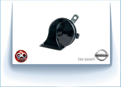 Araç korna ünitesi, siyah gövdeli ve metal bağlantı braketli