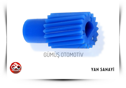 Mavi plastik silindirik dişli parça, dış dişleri ve yan açıklığı var