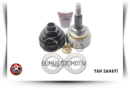 Sağ komple aks: metal mafsal başlığı, siyah körükler ve destek parçaları