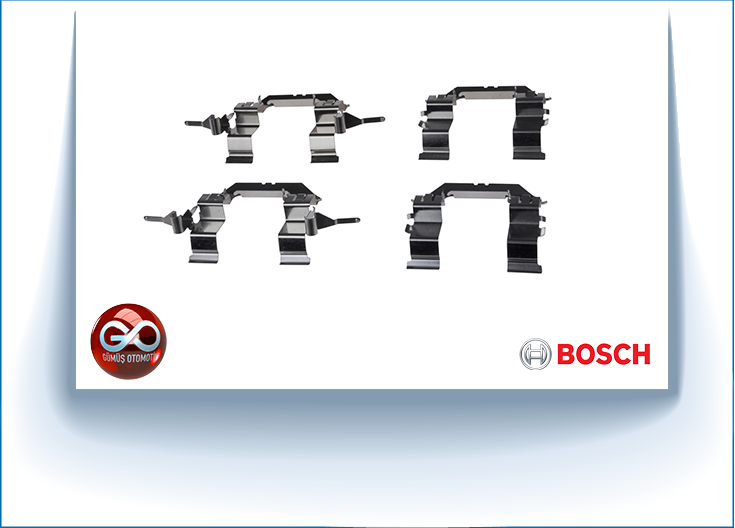 Ön fren balata saçları seti; metal klipsler, Bosch etiketli.