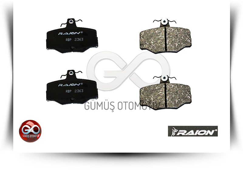 RAION fren balataları; 2 siyah ve 2 taşlı yüzeyli balata, 4 parça