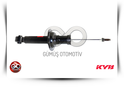 Siyah amortisör; solda bağlantı flanşı ve sağda piston çubuğu