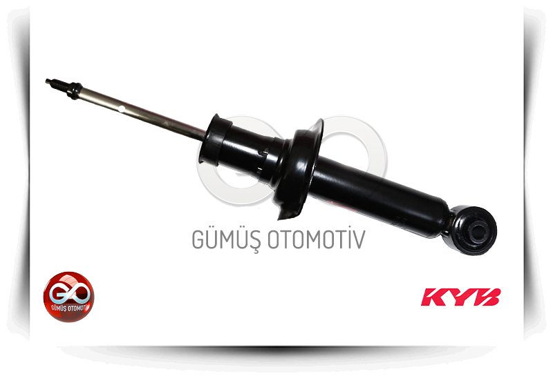 Siyah KYB gazlı amortisör; uzun metal piston kolu ve altta burç bağlantısı