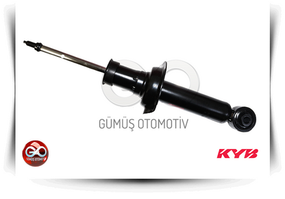 Siyah KYB gazlı amortisör; uzun metal piston kolu ve altta burç bağlantısı