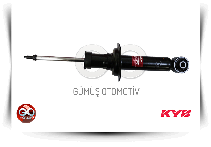 Siyah KYB gazlı amortisör; metal piston kolu ve sağda burç bağlantısı