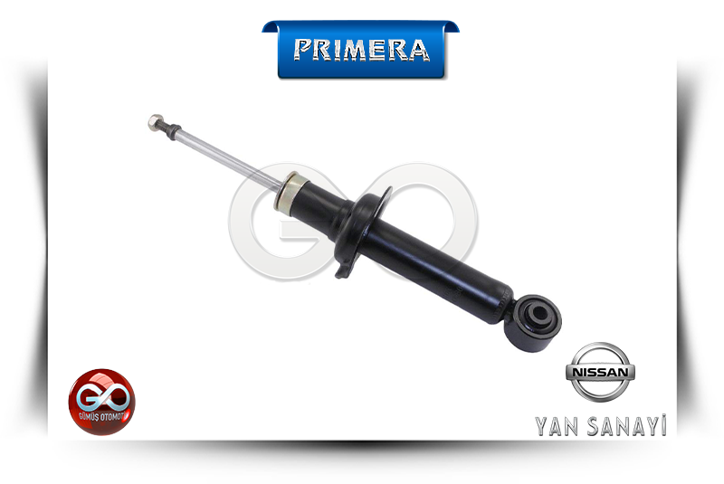 Siyah amortisör; metal piston kolu ve altta burç bağlantısı (PRIMERA, Nissan)