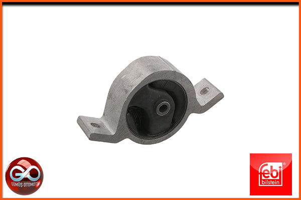 Motor kulağı tertibatı: gri metal parça ve siyah kauçuk burç, yan bağlantı kulaklı.