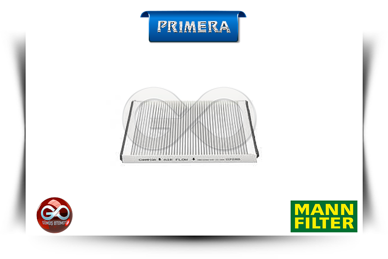 Polen filtresi, pleatli kağıt ve plastik çerçeveli; PRIMERA ve MANN FILTER logosu.