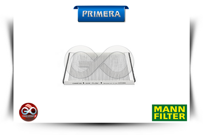 Polen filtresi, pleatli kağıt ve plastik çerçeveli; PRIMERA ve MANN FILTER logosu.