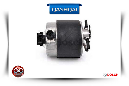 Yakıt filtresi modülü; siyah kauçuk kapaklı metal gövde, Bosch etiketli yandan görünüm.