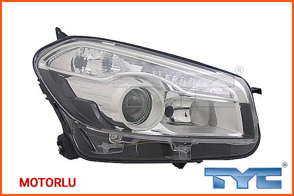 MOTORLU yazılı TYC ön far, siyah gövdeli şeffaf camlı yuvarlak far gözlü