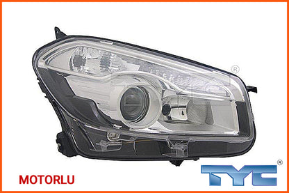 MOTORLU yazılı TYC ön far, siyah gövdeli şeffaf camlı yuvarlak far gözlü